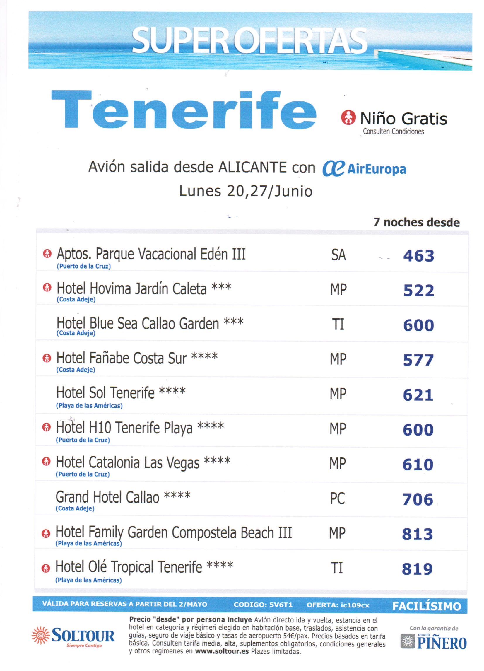 oferta Tenerife vuelos directos desde Alicante  7 noches